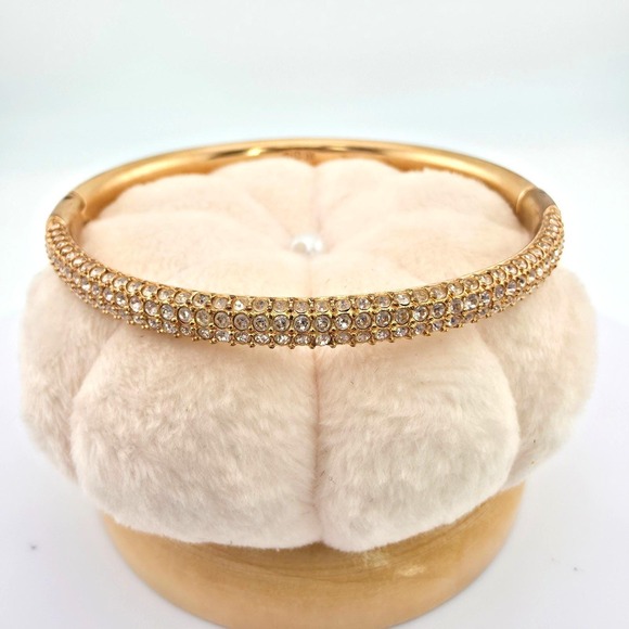 Swarovski Jewelry - Vtg SWAROVSKI Bracelet Hinged Bangle Triple Row Pavé Set Crystals Gold Plate 7"